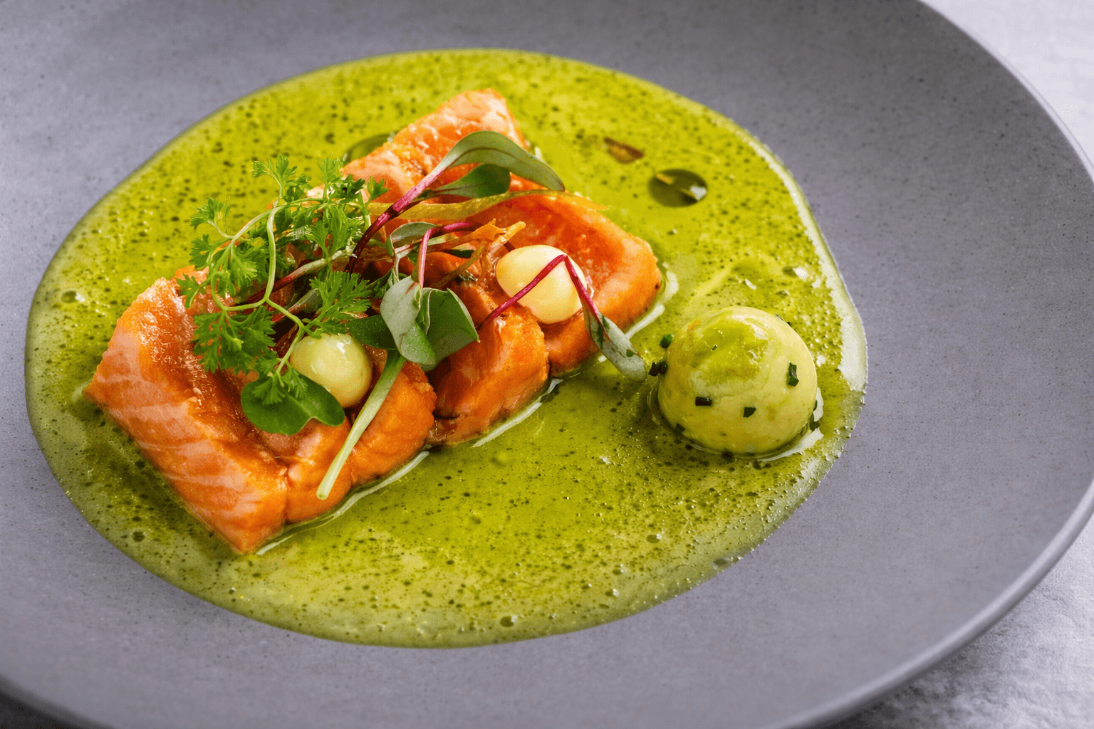 Salmón sellado con salsa verde de hierbas y microgreens